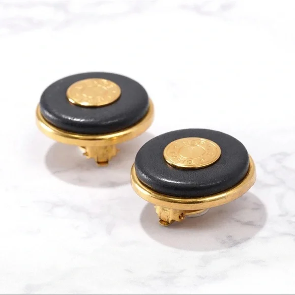 HERMES Selle Clip On Earrings Black Leather Gold Button